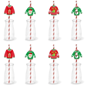 Ugly Christmas sweater themed straw toppers with reindeer and snowman party decorations