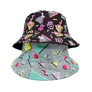 Retro geometric diamond bucket hat with vibrant Memphis style graffiti patterns for adults