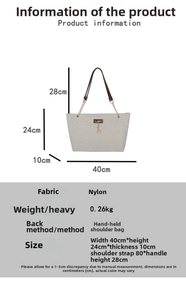 Detailed size chart of the grey nylon tote bag showing dimensions and handle height