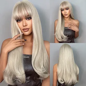 Three views of long ash blonde synthetic wig with bangs and large C-curl ends