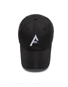 Close-up of embroidered letter A on black water-repellent nylon baseball cap