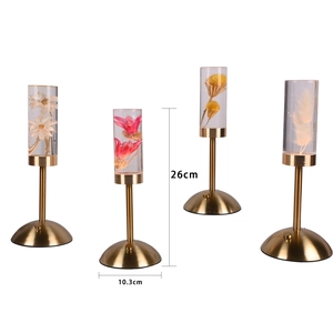 Modern acrylic table lamp with preserved flowers and metallic base, 26cm height