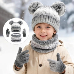 Kids gradient tie-dye knit hat scarf and gloves set with faux fur double pom poms
