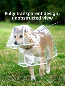 Close-up of transparent waterproof pet raincoat with white trim on a Shiba Inu dog