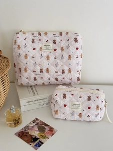Trousse De Maquillage En Coton Matelassé À Imprimé Ours Mignon Sac De Toilette De Voyage Portable Organisateur Pour Femmes Filles