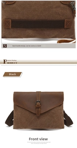 Detail of the rear handle strap on a vintage canvas and leather messenger bag for men