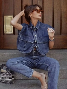 Chemise En Jean Sans Manches Femmes Gilet Court Couleur Unie Grandes Poches Col Polo Boutonné Streetwear Haut Décontracté