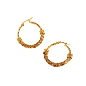 18K gold plated mesh textured C-shaped stainless steel hoop earrings in classic round style