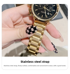 Detailed close-up of gold stainless steel watch band with brushed metal texture