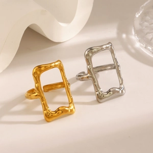 Irregular lava style rectangular rings in gold and silver finish with open design