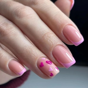 Pink French Tip Press On Nails With Heart Pattern Glossy Square Fake Nails For Women Daily Wear Wearable Manicure Kit