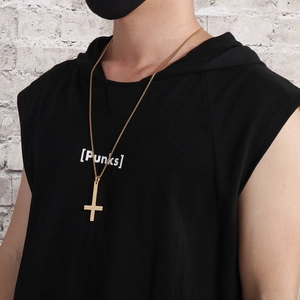 Street style gold inverted cross pendant necklace for men with a box chain