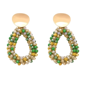 Bohemian teardrop earrings with colorful green and yellow beads on gold circular studs