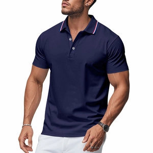 Detail of navy blue polo shirt with three-button placket and striped collar accent