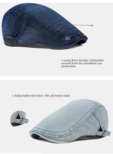 Detail of blue denim flat cap with adjustable metal buckle and curved brim
