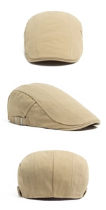 Three-view detail of khaki cotton newsboy cap showing herringbone texture and side buckle