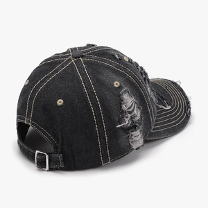 Distressed charcoal denim baseball cap with contrast stitching and ripped details