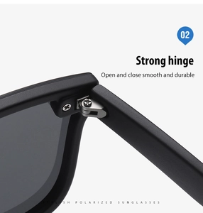 Close-up of the reinforced metal hinge on matte black polarized sport sunglasses