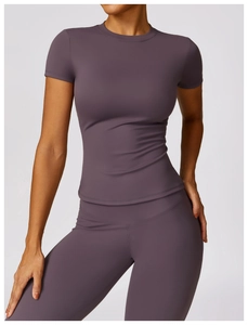 Detail of moisture-wicking dark purple yoga set featuring tight fit and high waist leggings