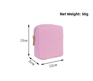 Pink nylon cosmetic pouch size 13x12x5cm with gold zipper and 50g lightweight design