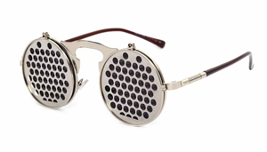 Macro detail of steampunk flip-up sunglasses with silver metal frame and mesh round lenses