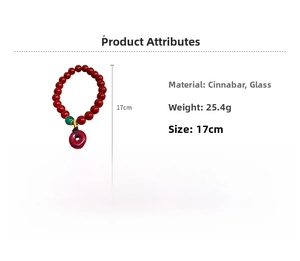 Bracelet perlé en cinabre et verre coloré avec détails des dimensions et poids de 25,4g