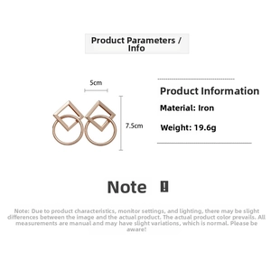 Detail view of geometric square and circle drop earrings in rose gold finish