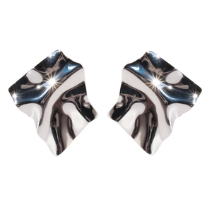 Irregular silver mirror finish earrings with geometric folded design and metallic shine