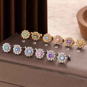Flower Stud Earrings Stainless Steel With Zircon Double Screw Ball Cartilage Piercing Jewelry Trendy For Women