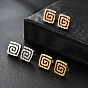 Three pairs of square Greek key earrings in gold, silver, and rose gold polished finish