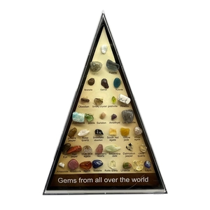 36-piece natural crystal and gemstone specimen collection in a triangular display case