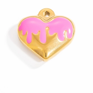 18K gold plated stainless steel heart pendant with pink enamel drip effect on white background