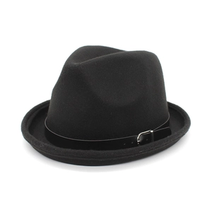 Classic British style black wool fedora hat with elegant leather band and metal buckle