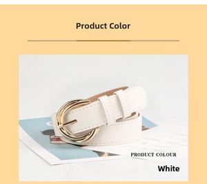 Detail of white faux leather belt featuring a round golden buckle on stylish background