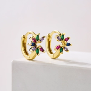Colorful Zircon Hoop Earrings Gold Plated Copper Geometric Fan Shape Irregular Jewelry For Women