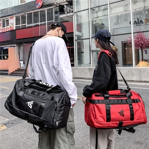 Large capacity Oxford fabric travel duffel bag with TS logo in black and red colors