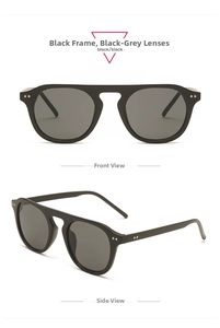 Detailed front and side views of black frame sunglasses with silver rivet accents