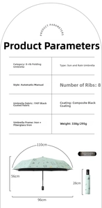 Size chart and specifications for the 8-rib folding umbrella with black glue coating