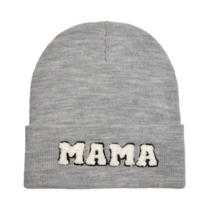 Light gray knit beanie for women featuring white MAMA towel embroidery on a folded cuff