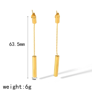 Retro golden long tassel titanium steel earrings with cylinder pendants for women