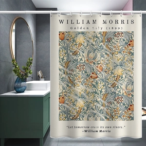 Waterproof William Morris Golden Lily floral shower curtain in warm yellow and cream tones