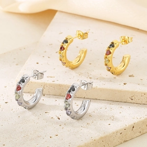 Boucles d'oreilles créoles C en acier inoxydable 18K avec zircons multicolores