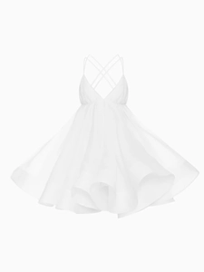 Sexy white deep V-neck backless pleated puff mini dress with delicate ruffle layers