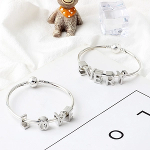 Silver LOVE and EVERY letter charm bracelets in Pandora style with a sleek metallic finish