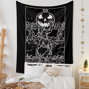 Detail of Gothic tarot tapestry with moon and werewolf design in cozy bedroom setting