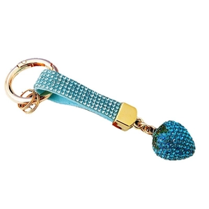 Light blue rhinestone heart keychain with sparkling leather strap and gold ring