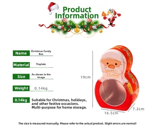 Detailed size specifications of the Santa Claus tin candy box with clear window