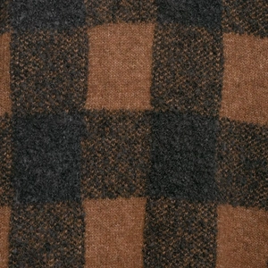 Brown and black checkerboard knit cardigan with soft fuzzy wool texture for autumn