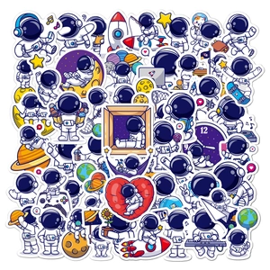 Detailed view of waterproof astronaut cartoon stickers with colorful space designs