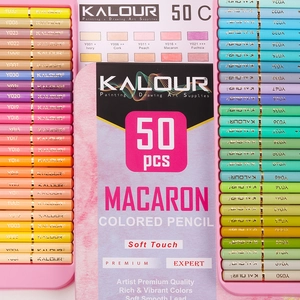 Detailed view of 50 pastel macaron colored pencils set for artistic drawing and sketching